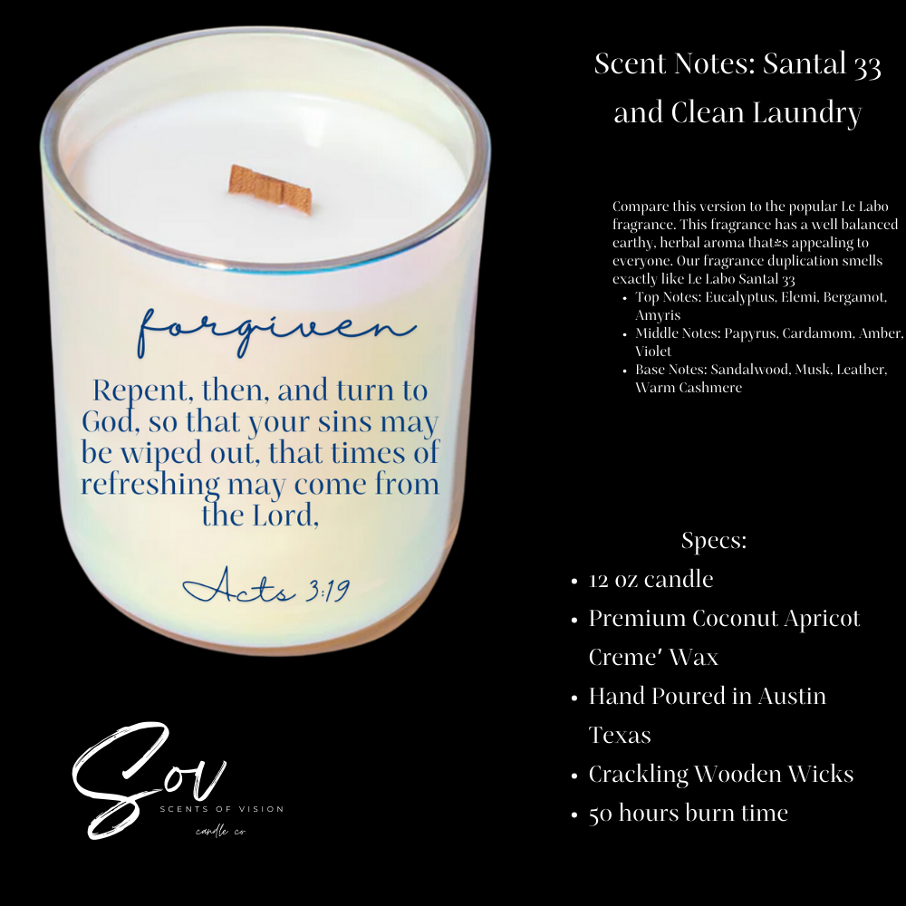 Forgiven Acts 3:19 12oz Coconut Soy Wax Candle Santal 33 and Clean Laundry *BACK IN STOCK*