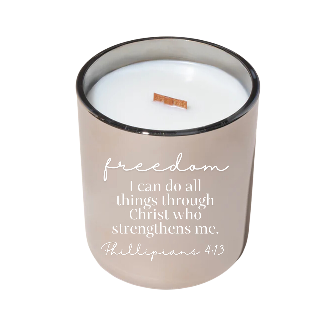 Freedom Phillipians 4:13  12oz Coconut Soy Wax Soothing Sandalwood and Black Amber Musk