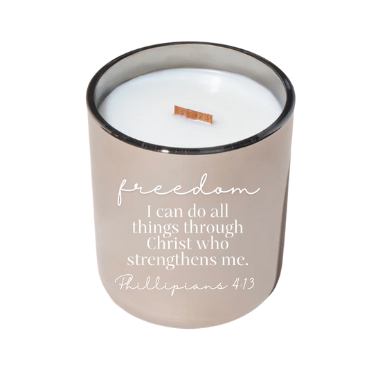 Freedom Phillipians 4:13  12oz Coconut Soy Wax Soothing Sandalwood and Black Amber Musk