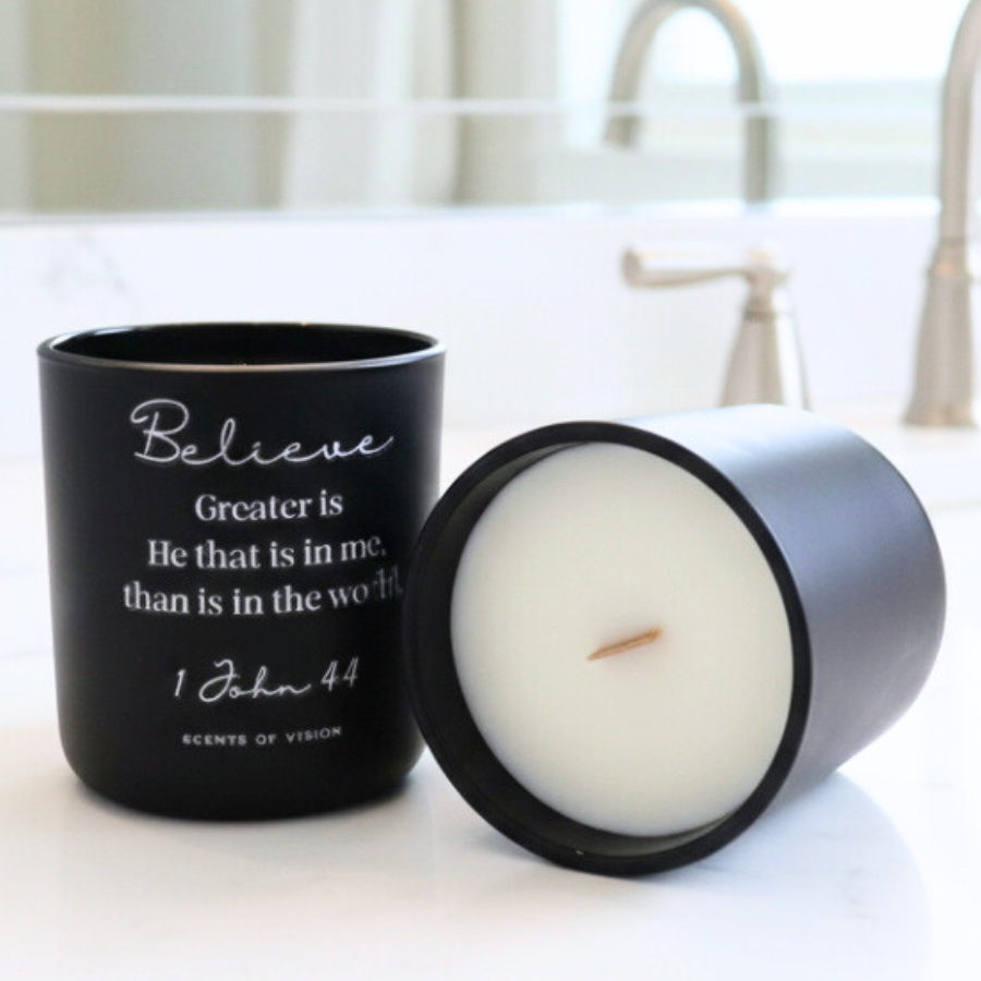 Believe John 4:4 14 oz Coconut Soy Wax Candle Mahogany Apple