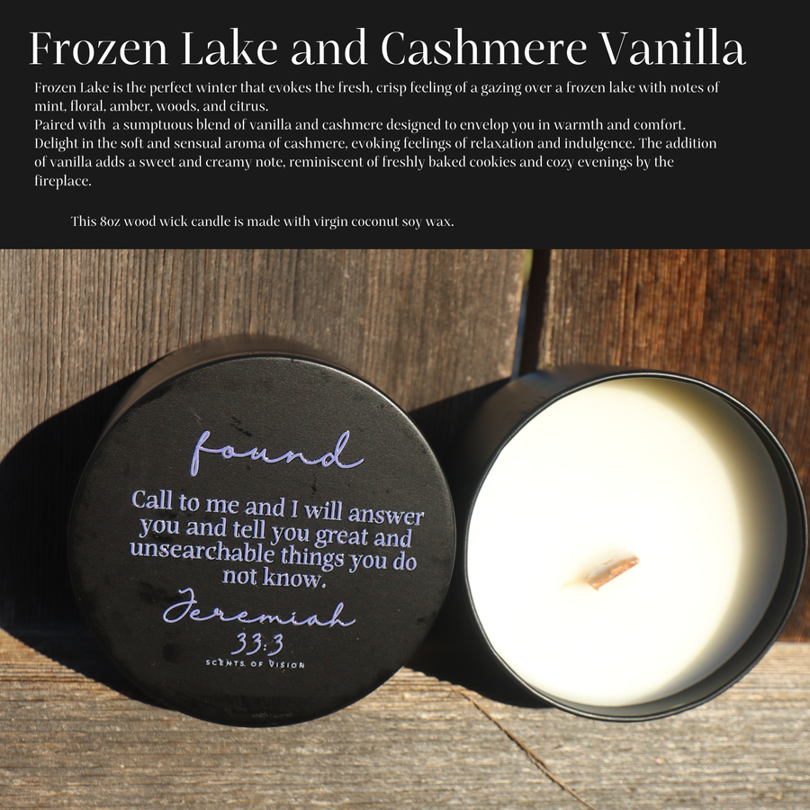 Found Frozen Lake and Cashmere Vanilla  8oz Wood Wick Candle